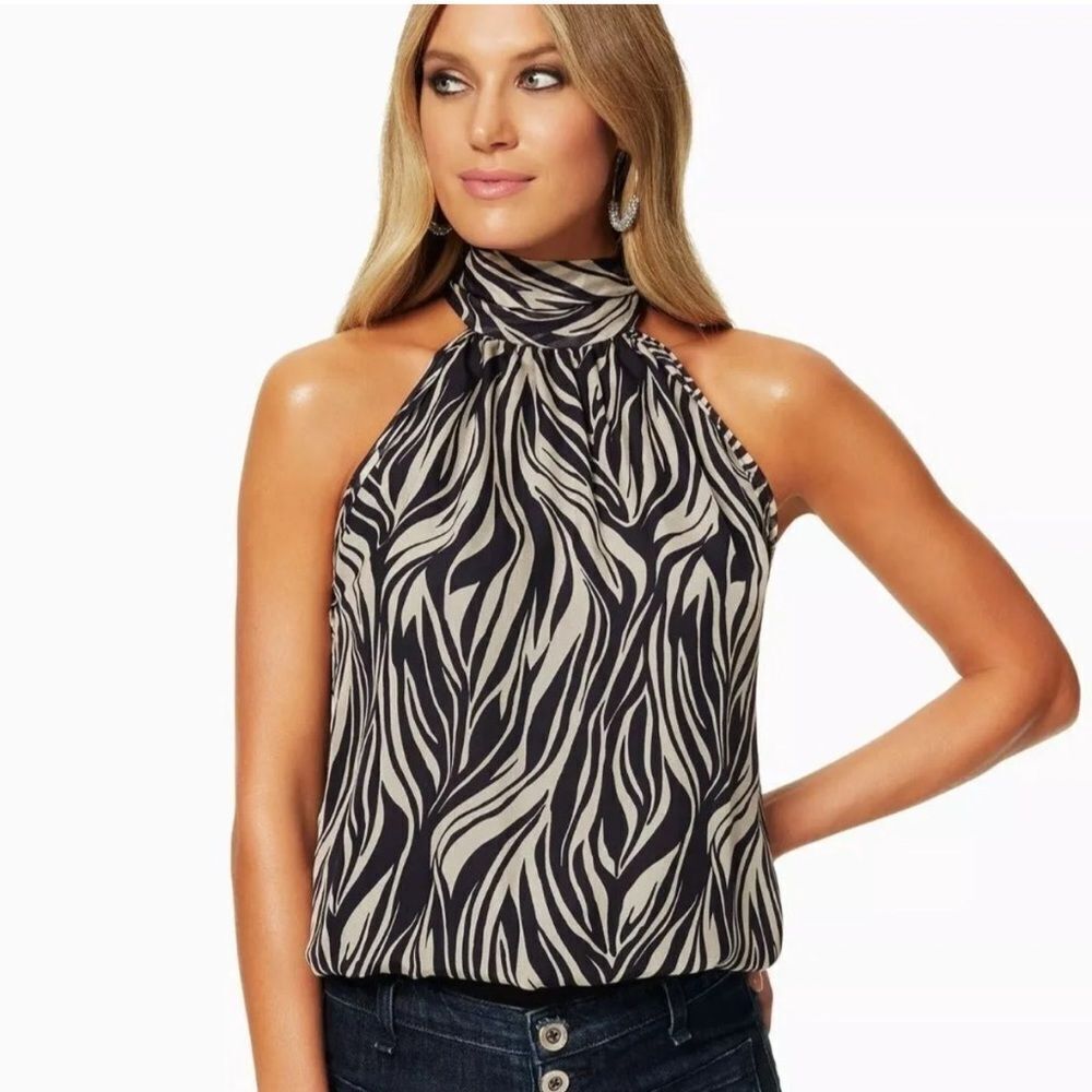 Ramy Brook Black and Cream Zebra Print Halter Tank Top